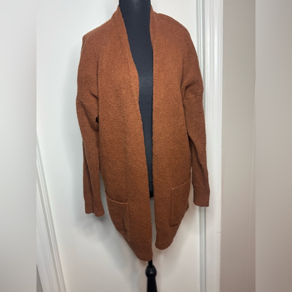 Eileen Fisher Organic Cotton Bounce Fuzzy Long Brown Cardigan Sweater Women